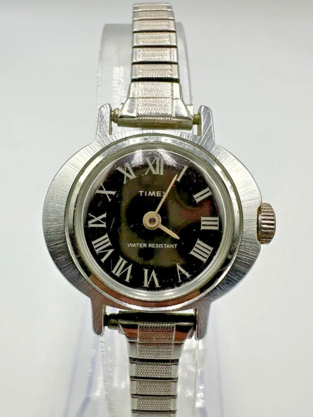 Timex Manual Wind Watch Women Silver Tone Brown Dial Stretch Band 6.75 Inch